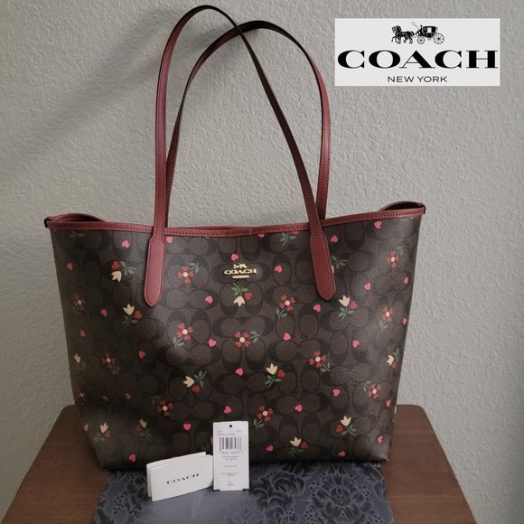 Coach Handbags - NWT Coach City Tote In Signature Canvas With Heart Petal Print Brown Multi
